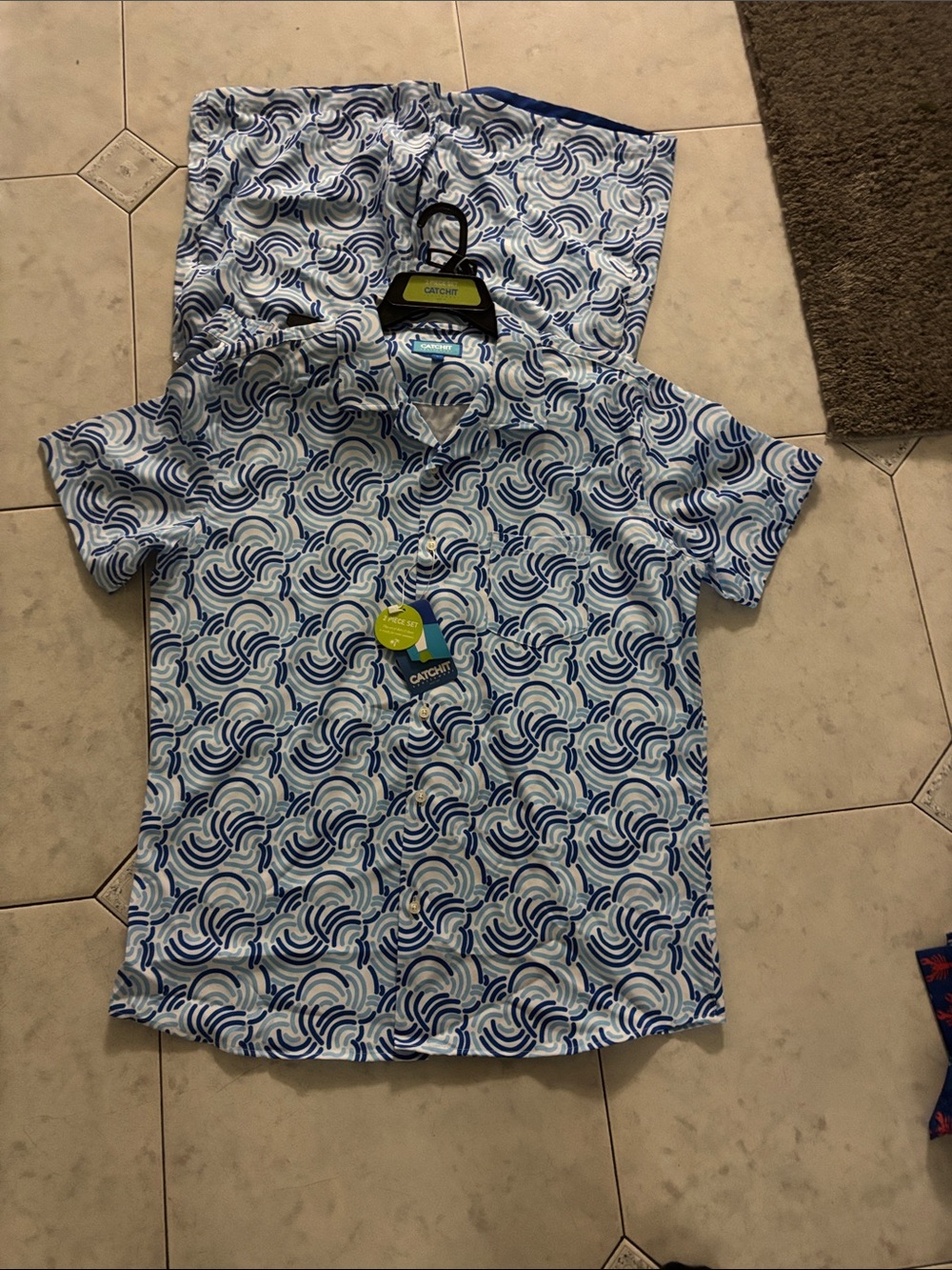 Blue Wave Print Short-Sleeve Shirt with Shorts  by Catchit